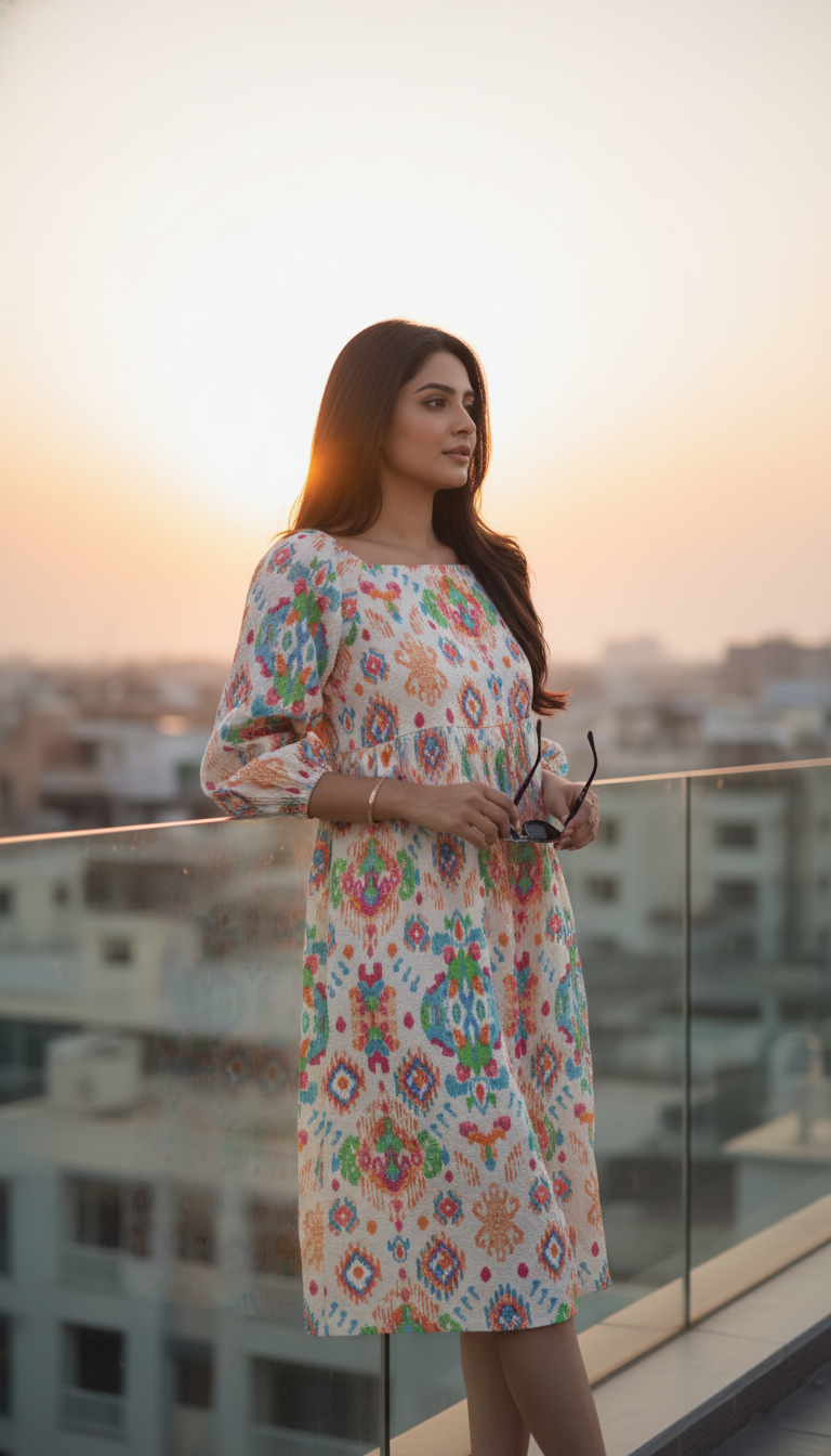 August Multicolor Ikat Print Smocked Midi Dress