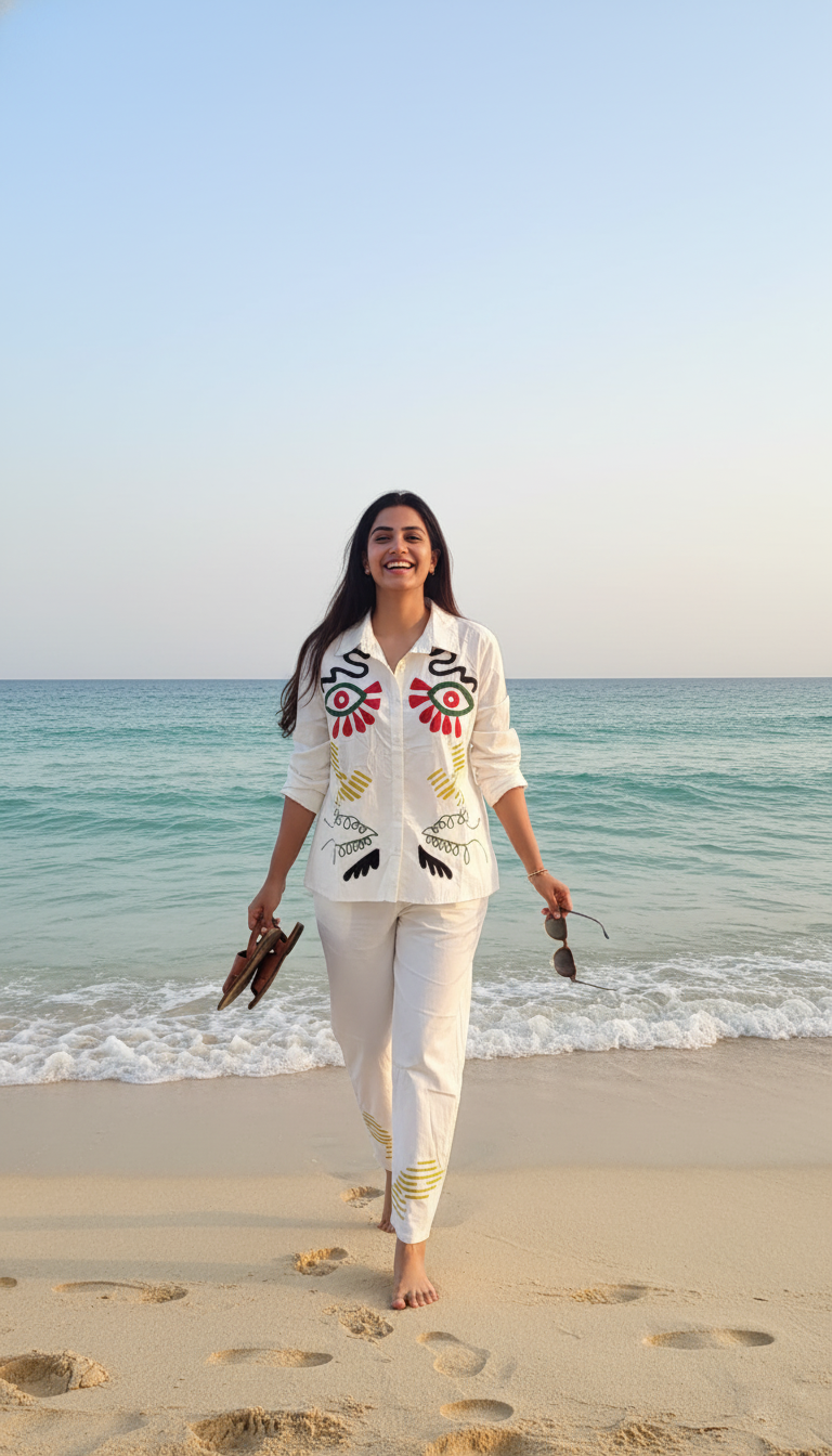 August White Abstract Embroidered Co-ord Set for Women  Breezy Cotton Casual Wear