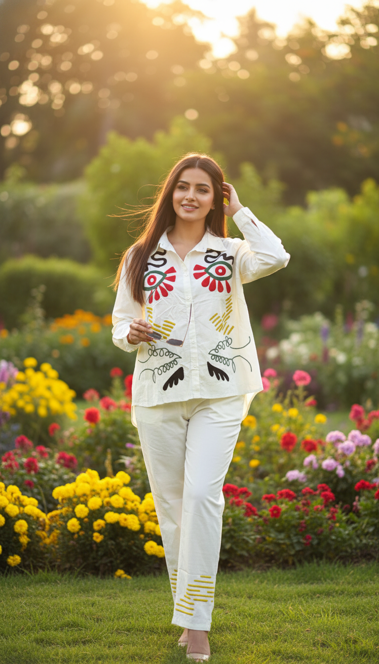 August White Abstract Embroidered Co-ord Set for Women  Breezy Cotton Casual Wear