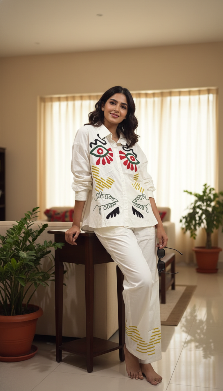 August White Abstract Embroidered Co-ord Set for Women  Breezy Cotton Casual Wear