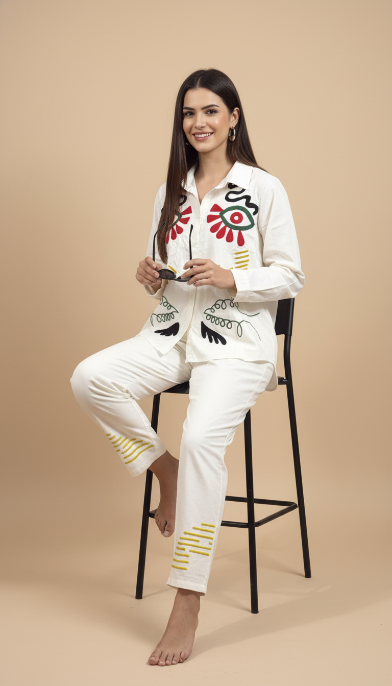 August White Abstract Embroidered Co-ord Set for Women  Breezy Cotton Casual Wear