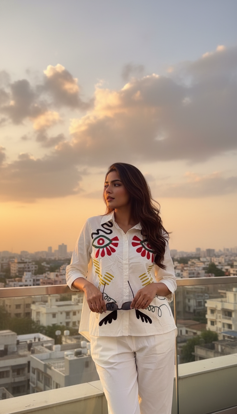 August White Abstract Embroidered Co-ord Set for Women  Breezy Cotton Casual Wear