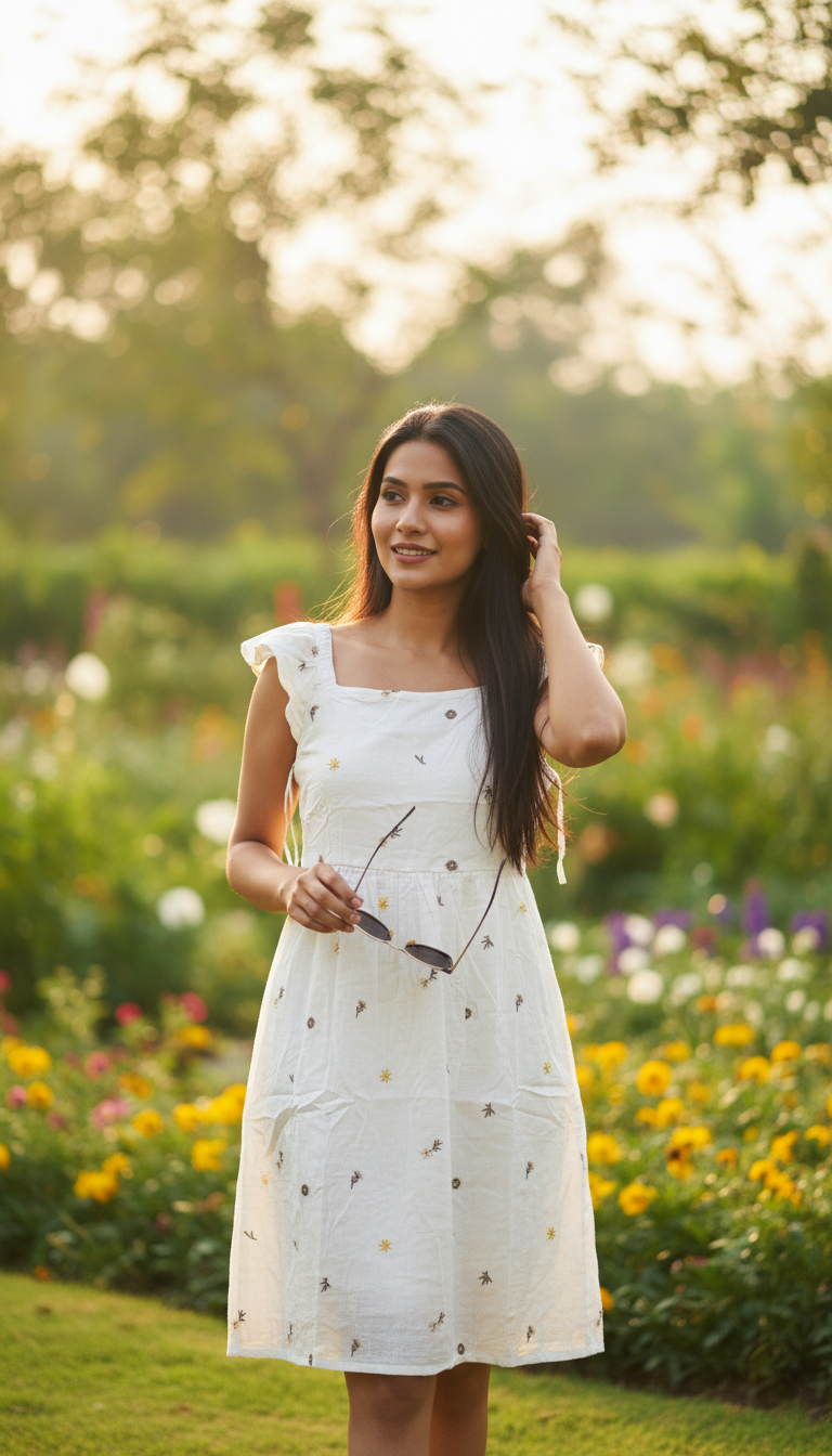 August Ivory Hand-Embroidered Cotton Midi Dress with Ruffle Straps
