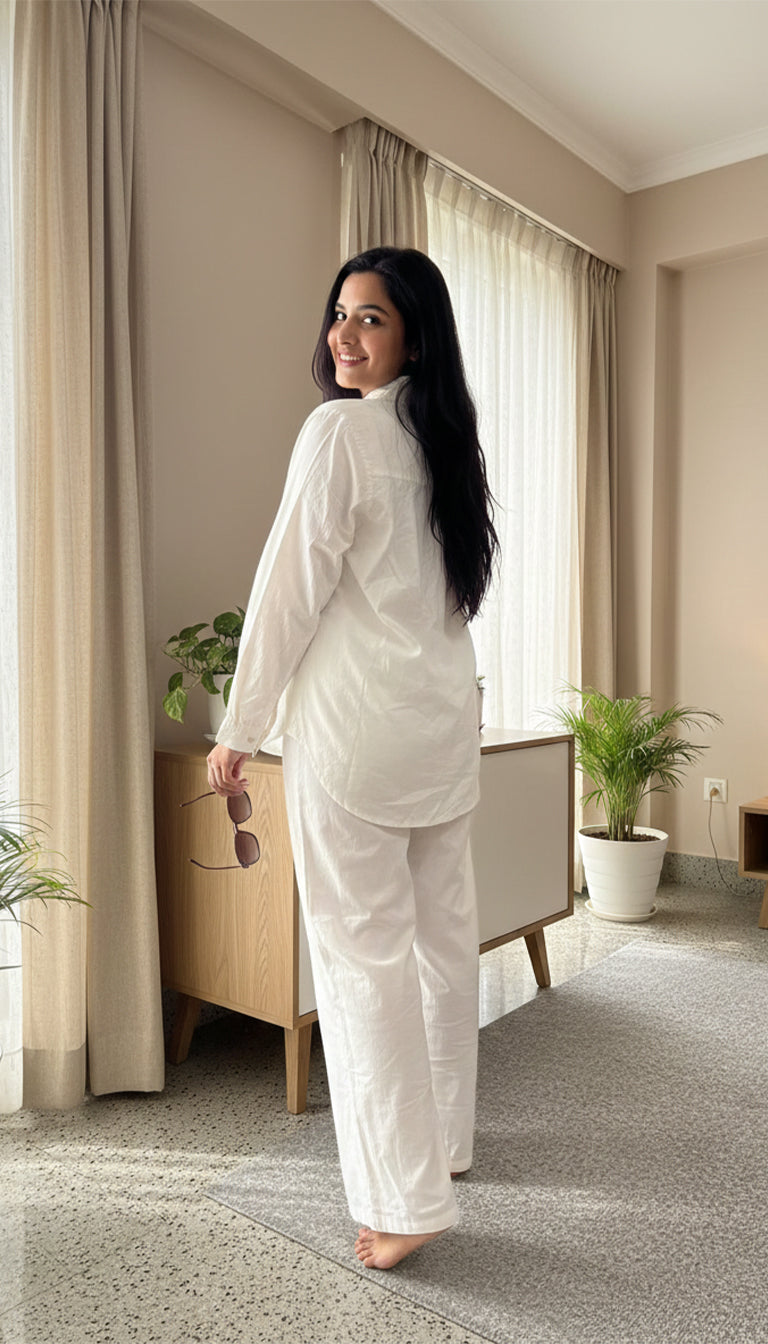 August White Abstract Embroidered Co-ord Set for Women  Breezy Cotton Casual Wear