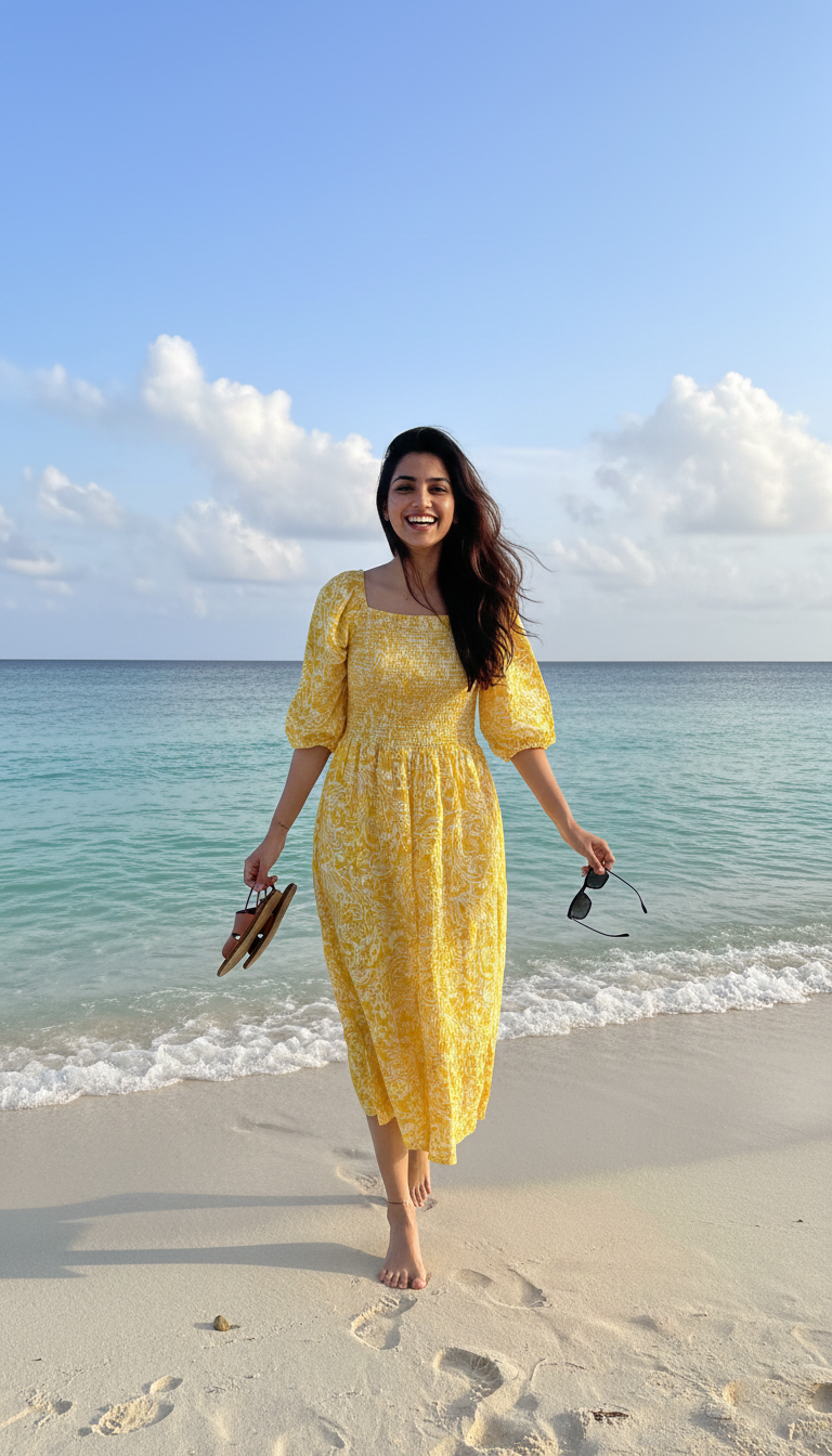 August Yellow Floral Smocked Midi Dress with Puff Sleeves – Elegant Summer Outfit for Women