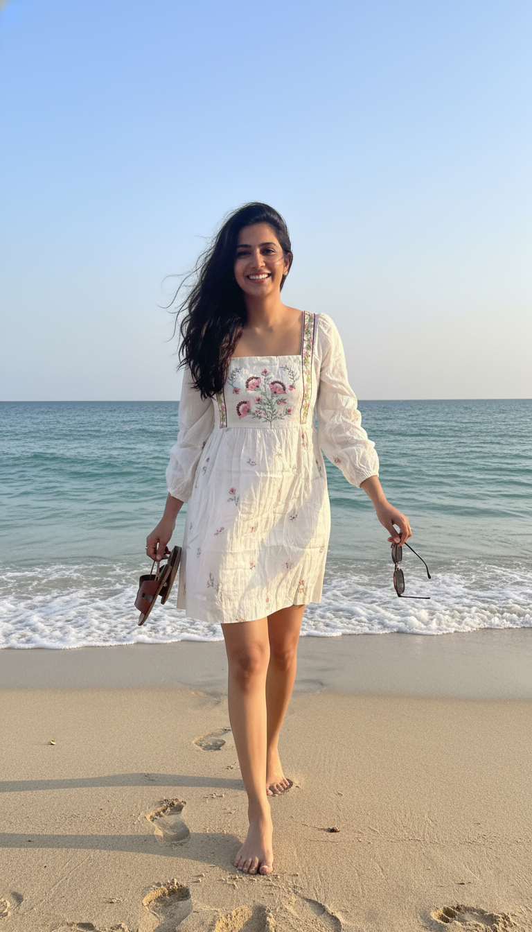 Bombay Paisley White Floral Design Cotton A-Line Dress