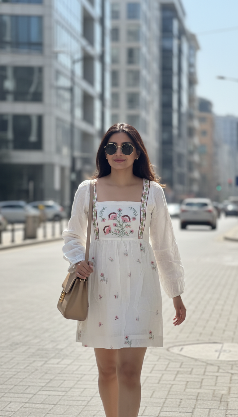 Bombay Paisley White Floral Design Cotton A-Line Dress