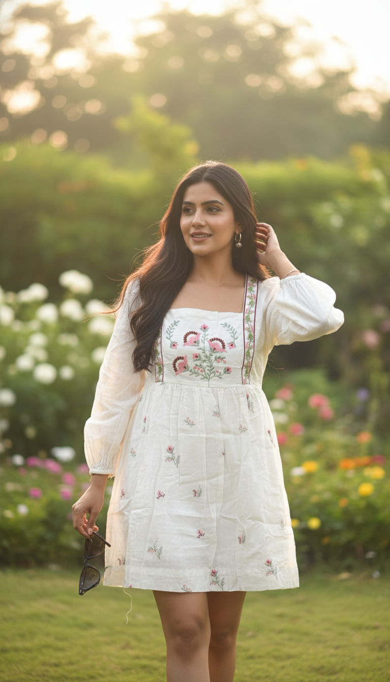 Bombay Paisley White Floral Design Cotton A-Line Dress