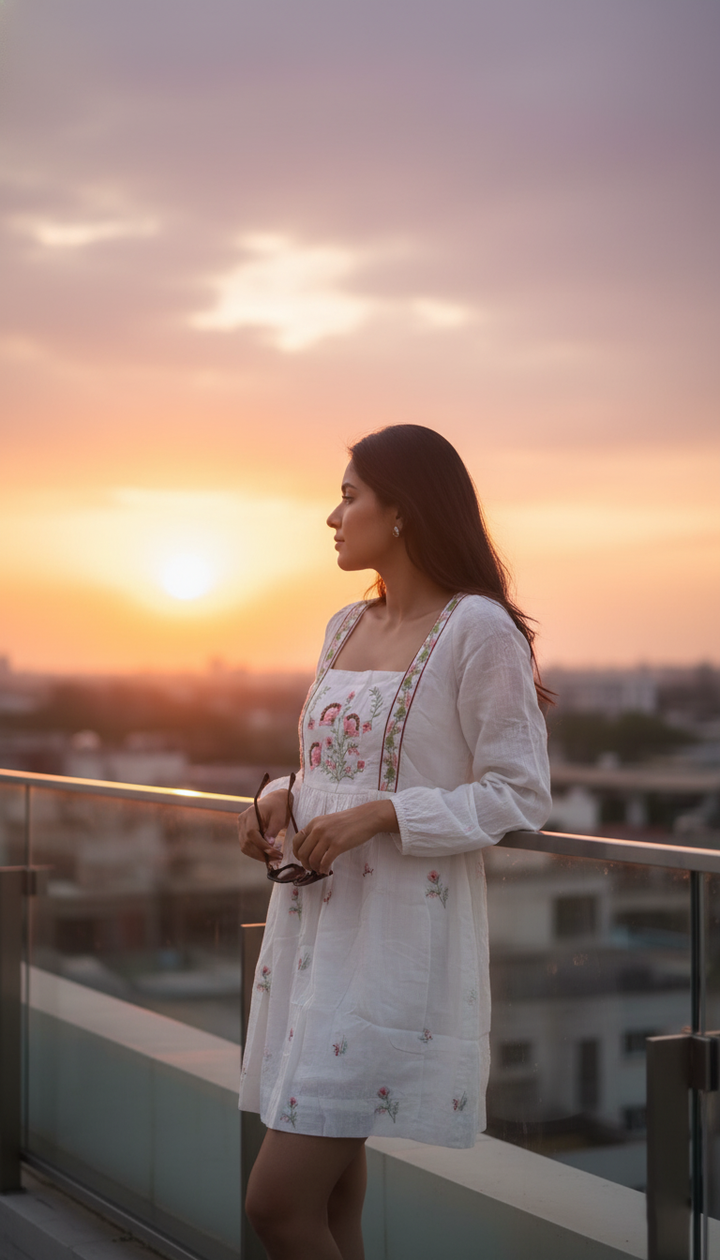 Bombay Paisley White Floral Design Cotton A-Line Dress