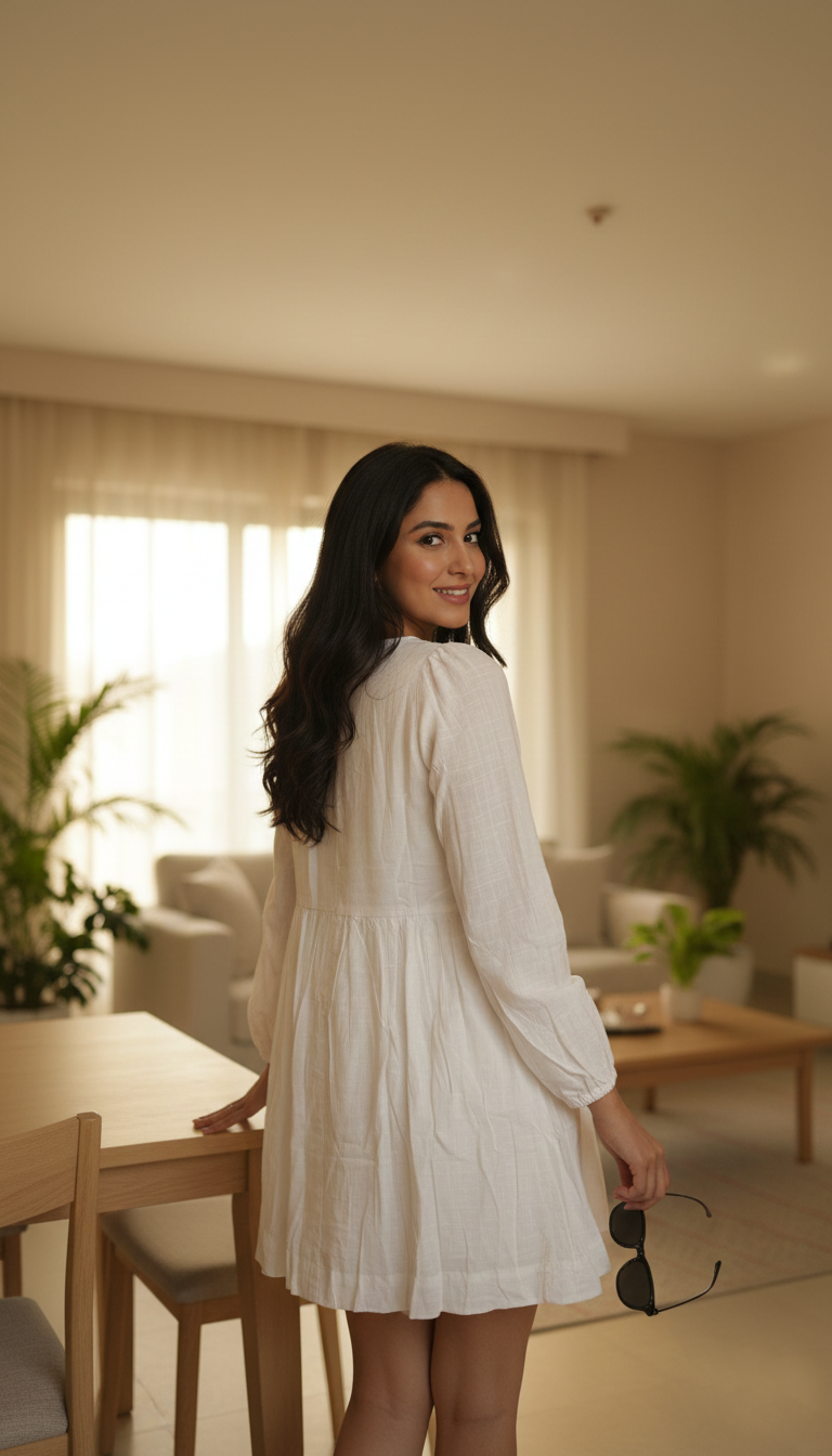 Bombay Paisley White Floral Design Cotton A-Line Dress