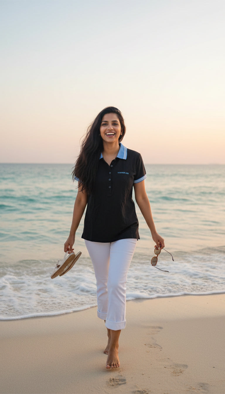 Calvin Klein Women’s Black Polo Collar Top with Contrast Blue Trim | Casual Smart Short Sleeve Top