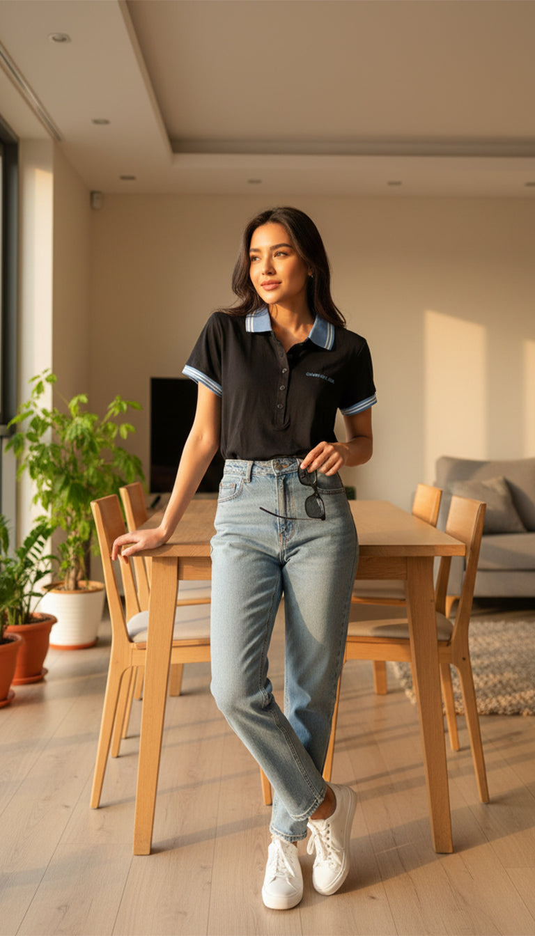 Calvin Klein Women’s Black Polo Collar Top with Contrast Blue Trim | Casual Smart Short Sleeve Top
