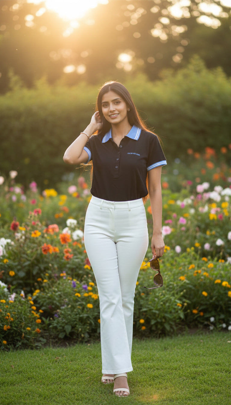 Calvin Klein Women’s Black Polo Collar Top with Contrast Blue Trim | Casual Smart Short Sleeve Top