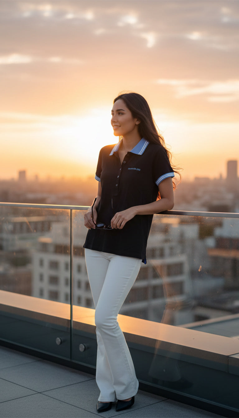 Calvin Klein Women’s Black Polo Collar Top with Contrast Blue Trim | Casual Smart Short Sleeve Top