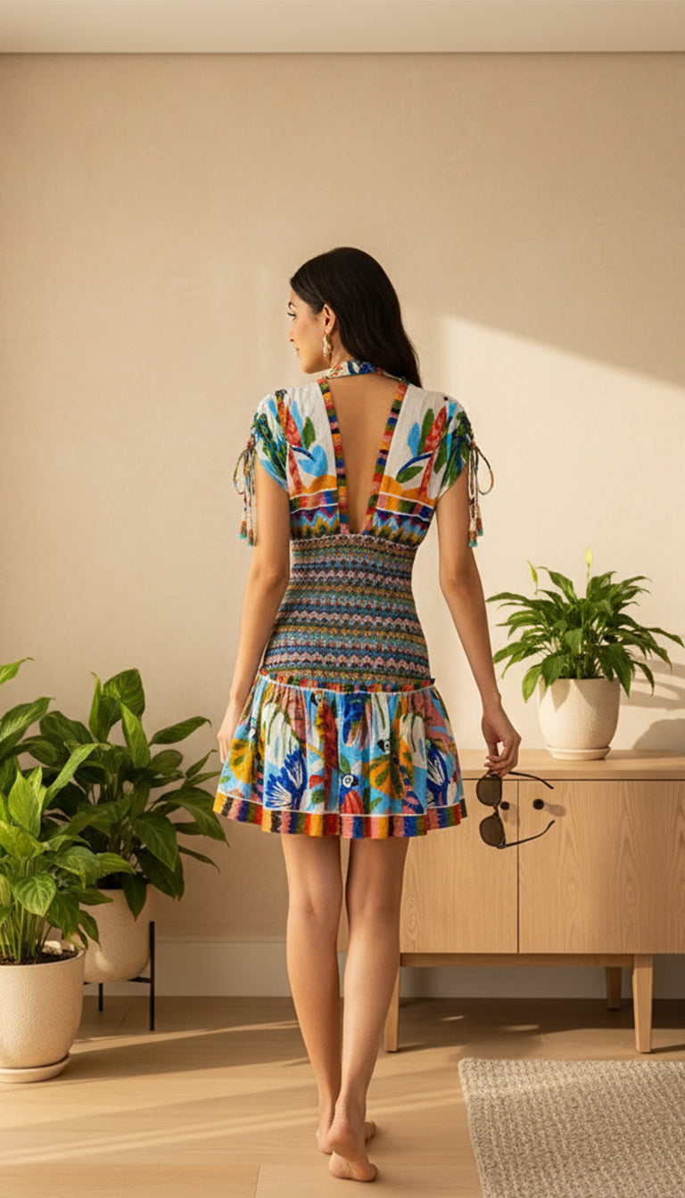 Farm Rio Colorful Forest Cotton Smocked Floral Mini Dress