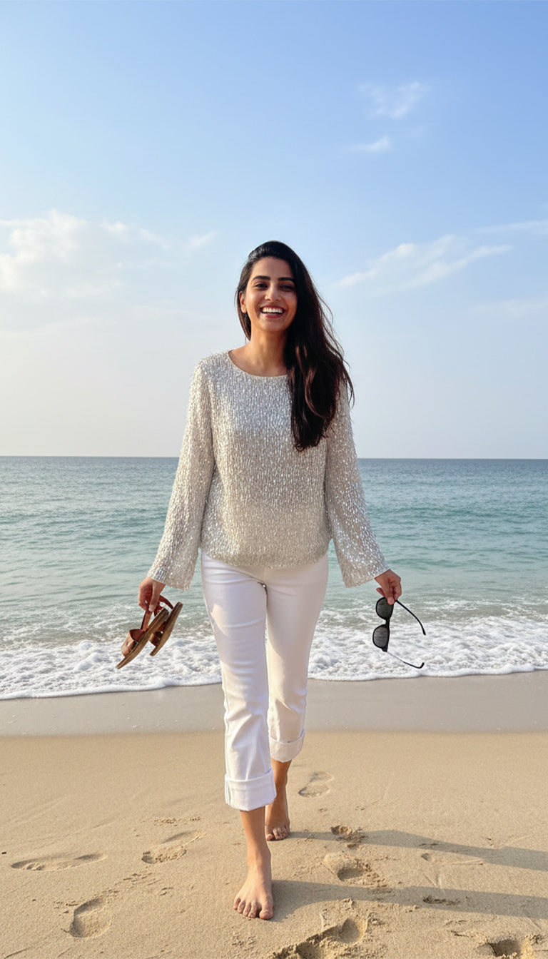 Silver Sequin Long Sleeve Top for Women – Elegant Shimmer Evening & Party Blouse