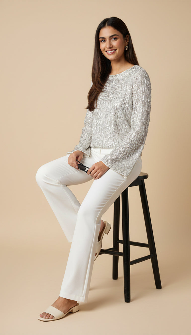 Silver Sequin Long Sleeve Top for Women – Elegant Shimmer Evening & Party Blouse