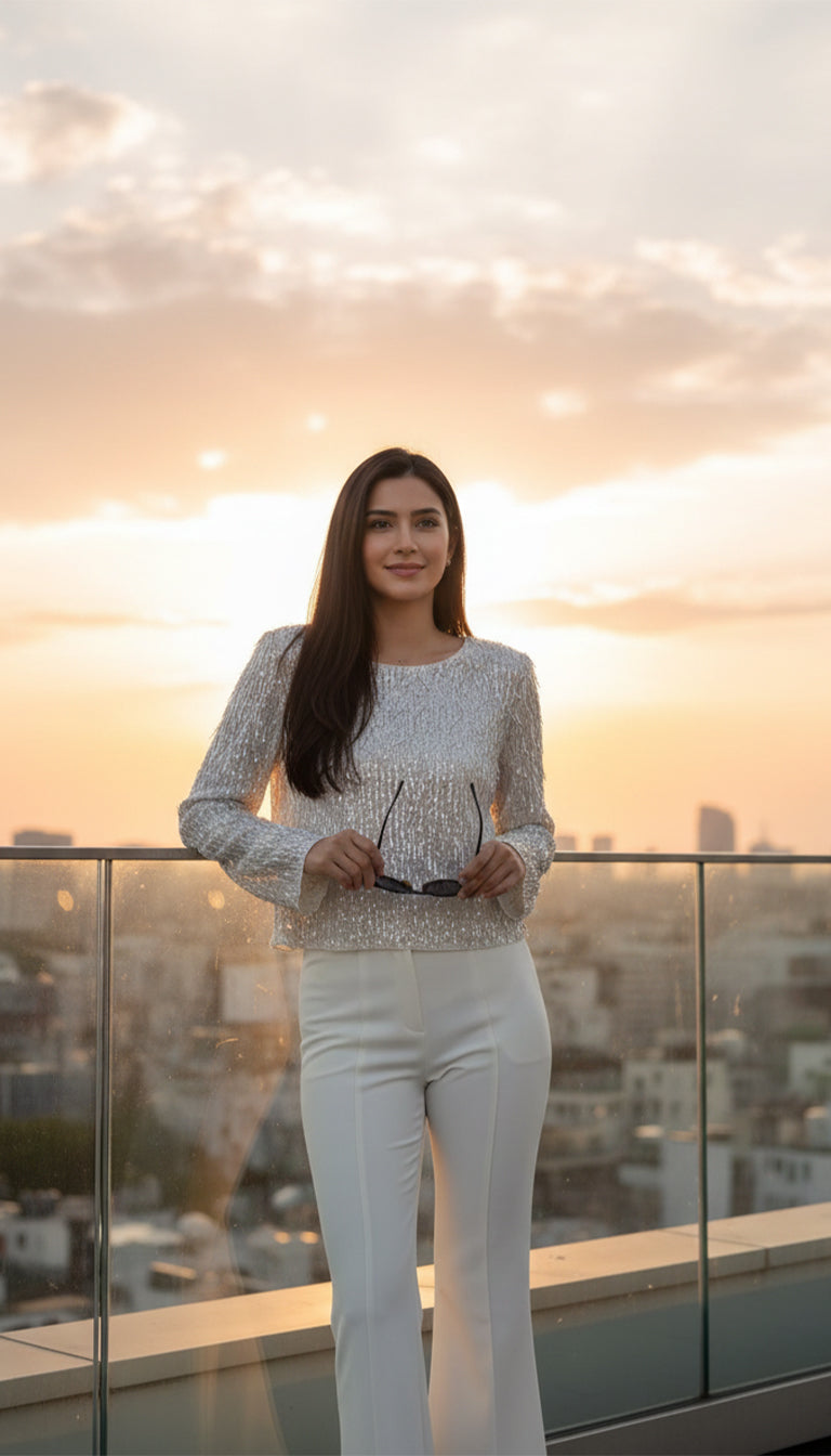 Silver Sequin Long Sleeve Top for Women – Elegant Shimmer Evening & Party Blouse