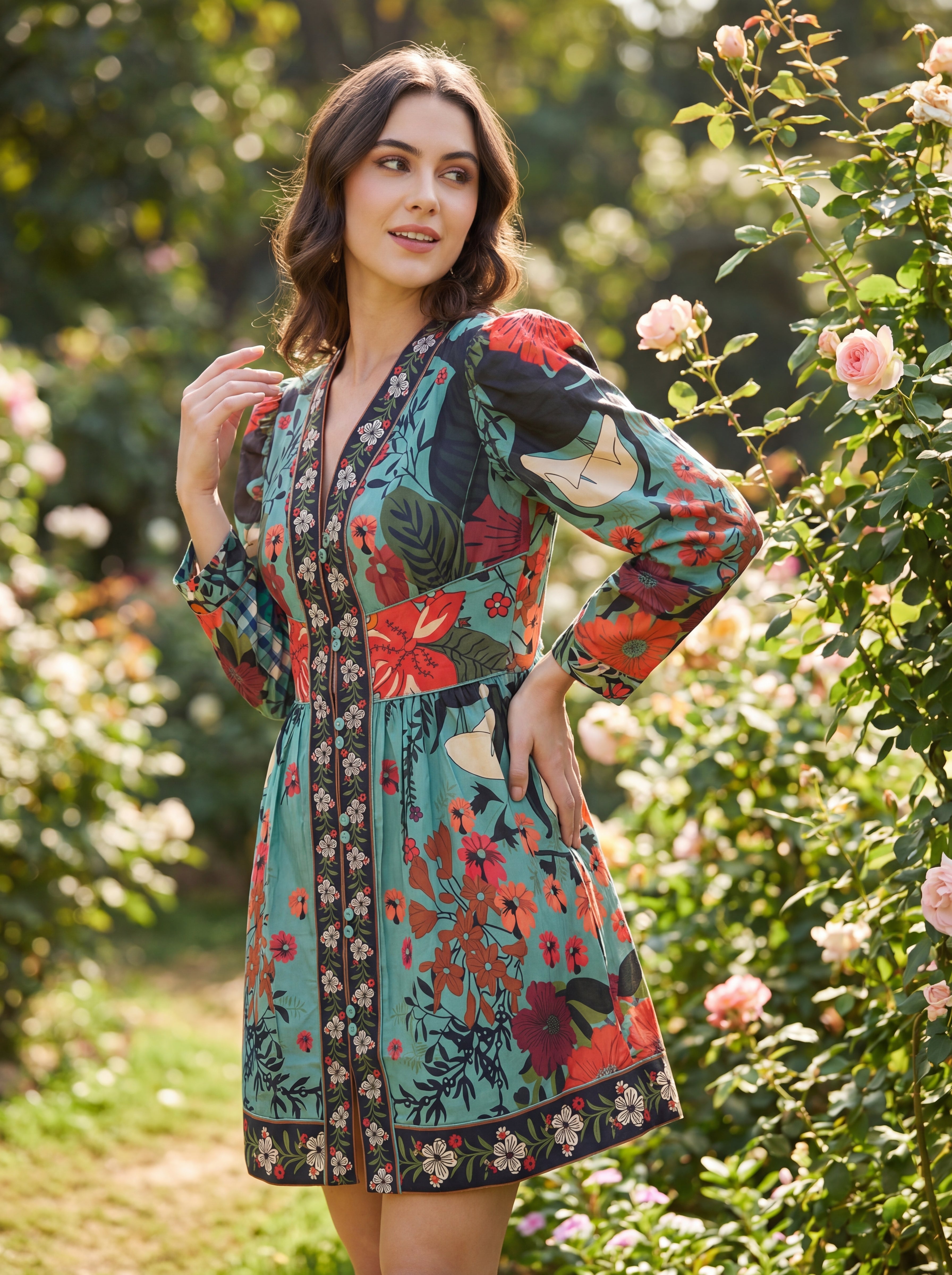 FARM Rio Women's Tropical Floral Mini Dress | V-Neck Long Sleeve Printed Fit & Flare Dress