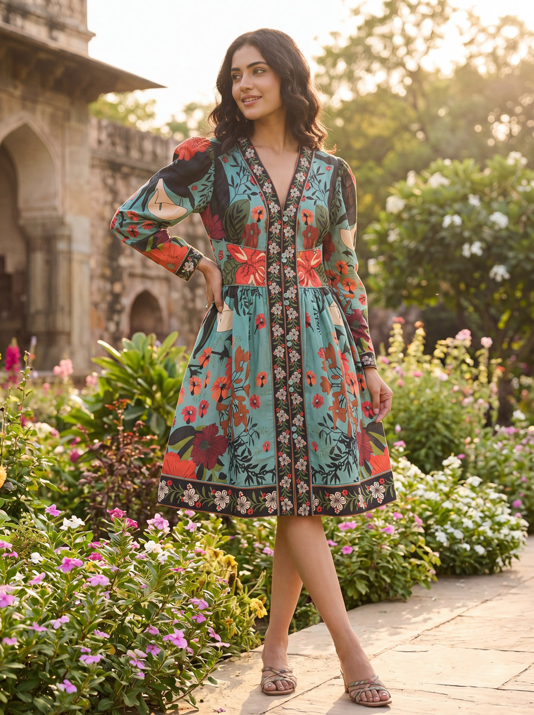 FARM Rio Women's Tropical Floral Mini Dress | V-Neck Long Sleeve Printed Fit & Flare Dress