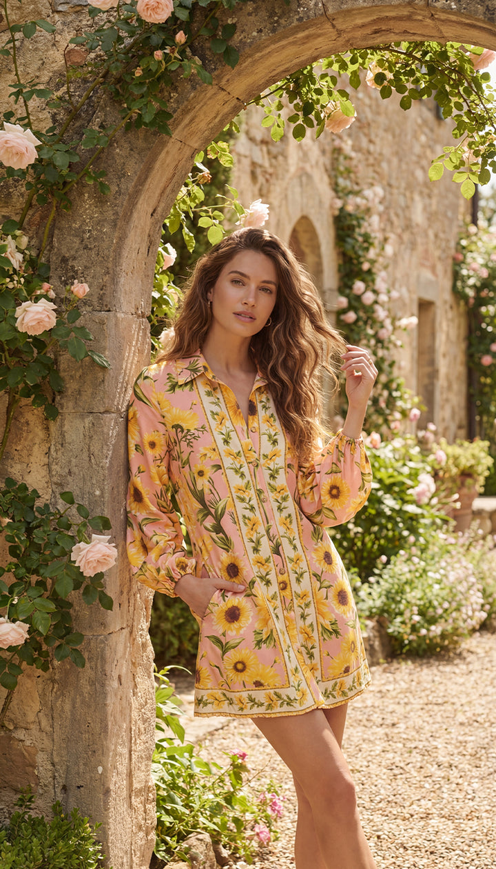 Farm Rio Anthropologie Long-Sleeve Button-Front Mini Dress Sunflower