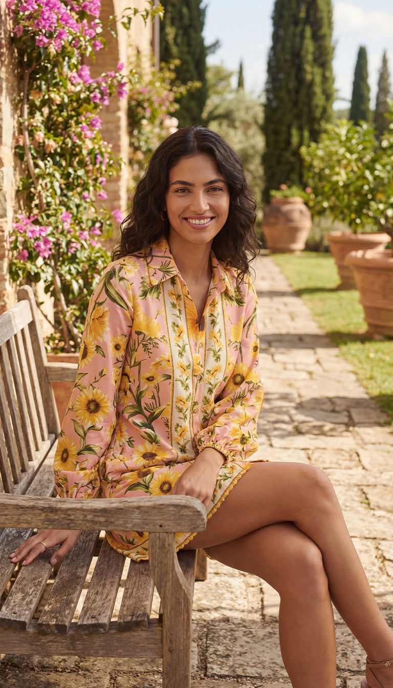 Farm Rio Anthropologie Long-Sleeve Button-Front Mini Dress Sunflower