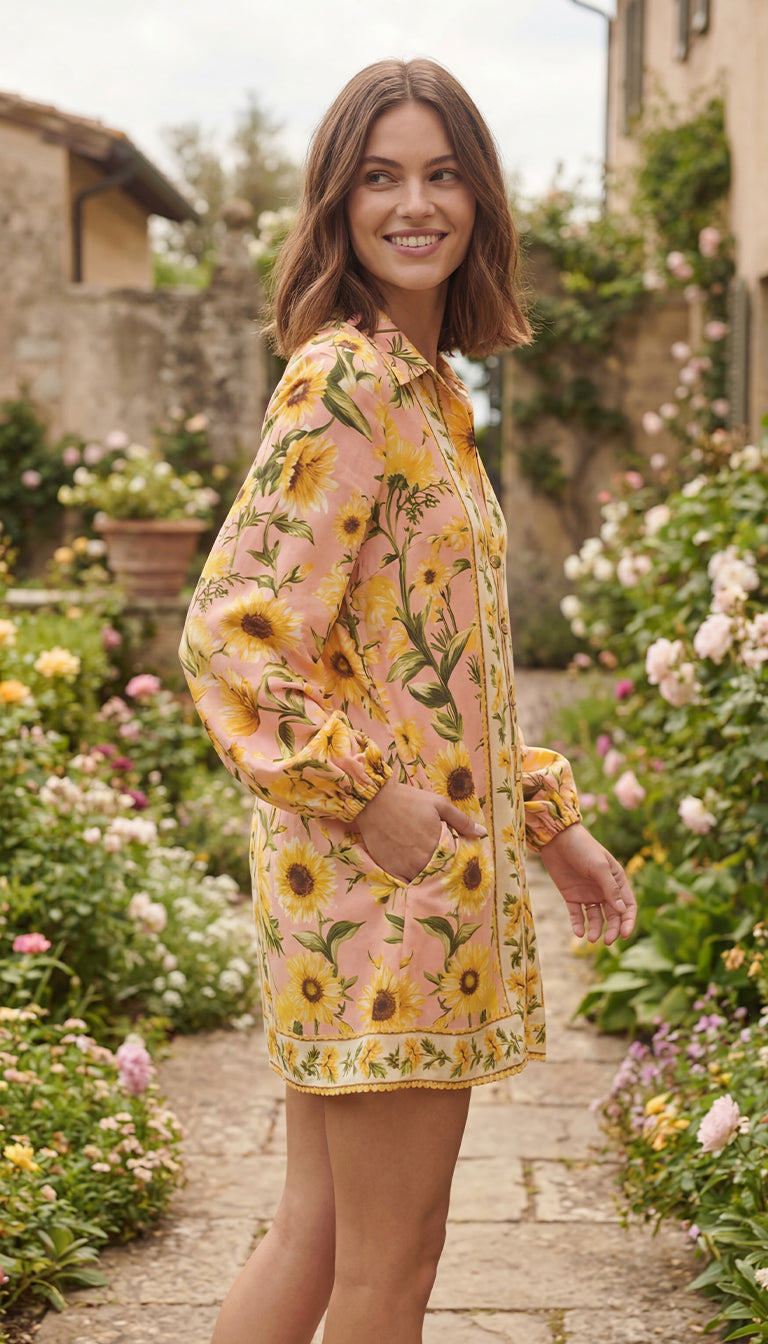 Farm Rio Anthropologie Long-Sleeve Button-Front Mini Dress Sunflower