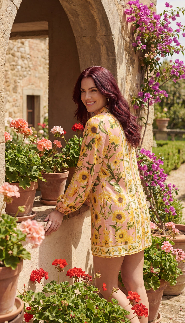 Farm Rio Anthropologie Long-Sleeve Button-Front Mini Dress Sunflower