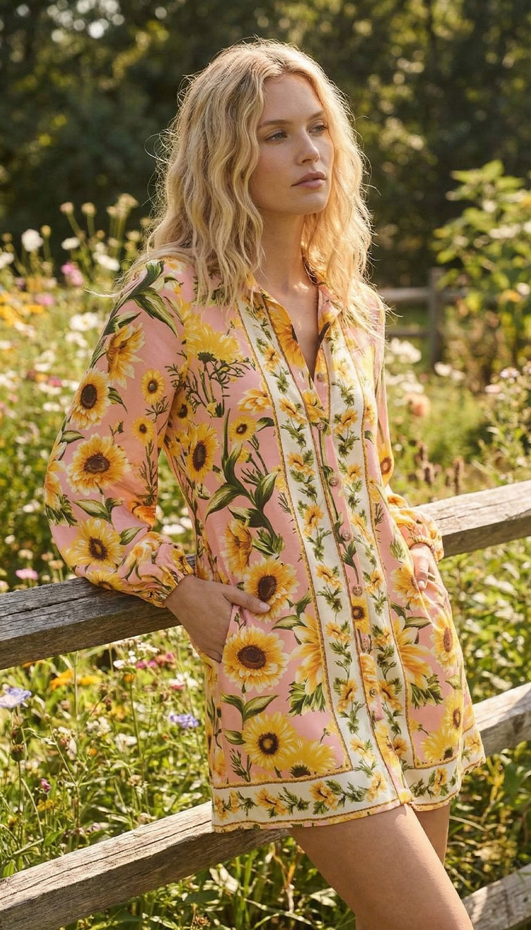 Farm Rio Anthropologie Long-Sleeve Button-Front Mini Dress Sunflower