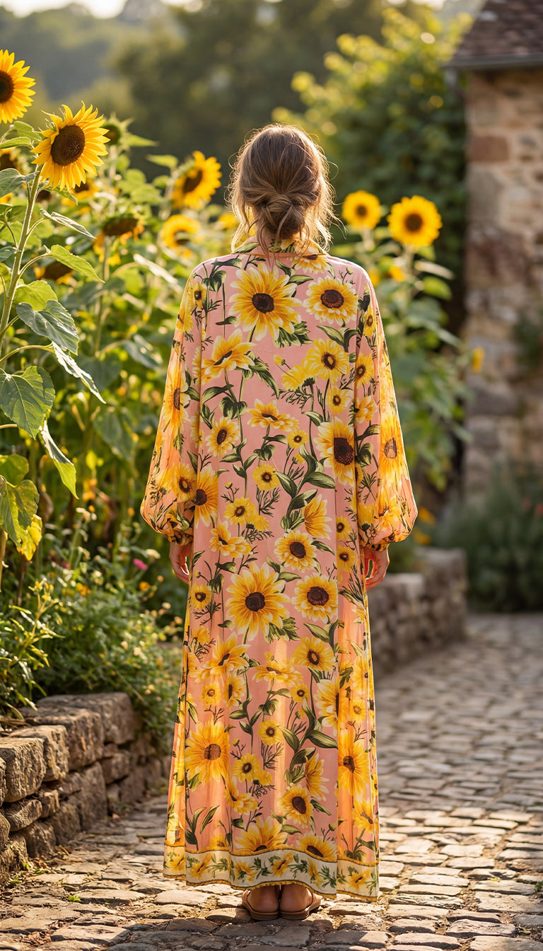 Farm Rio Anthropologie Long-Sleeve Button-Front Mini Dress Sunflower