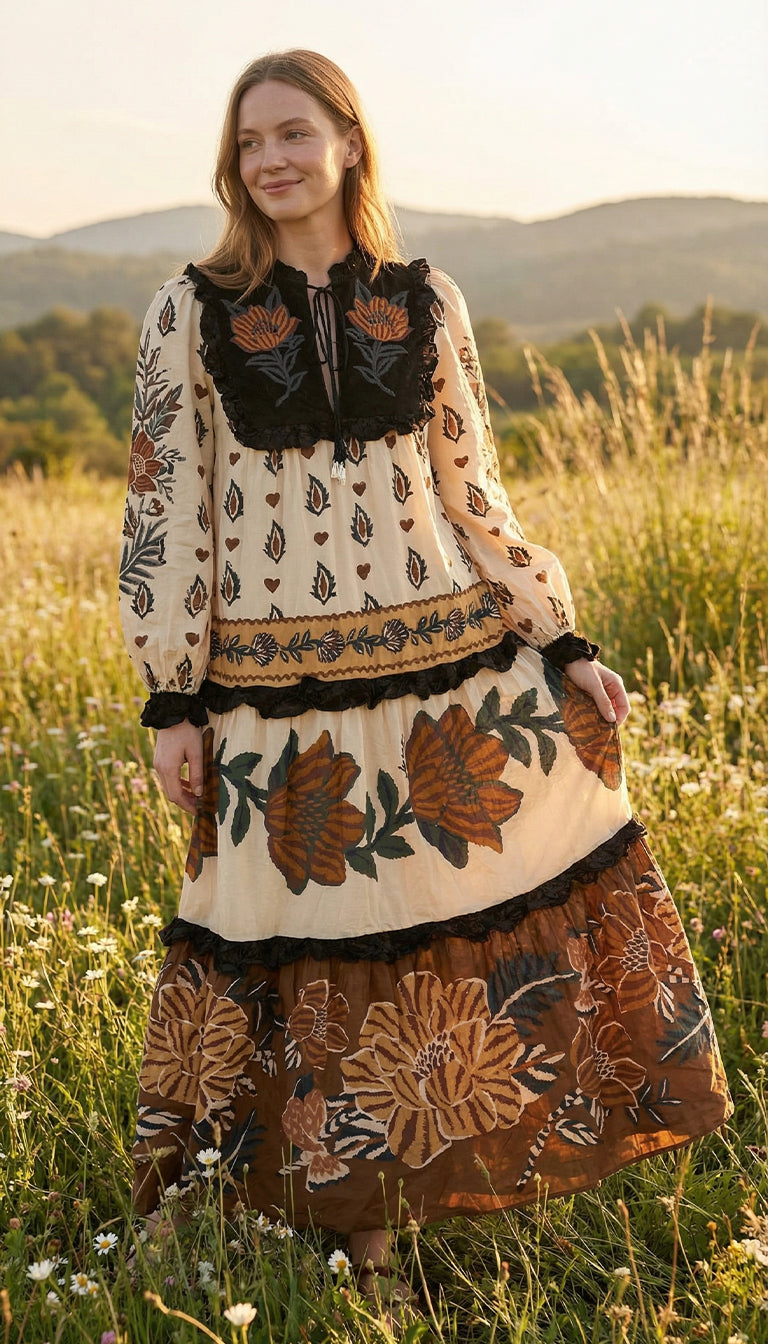 Farm Rio Beige Ainika Floral V Neck Midi Dress