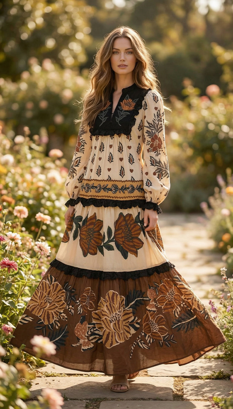 Farm Rio Beige Ainika Floral V Neck Midi Dress