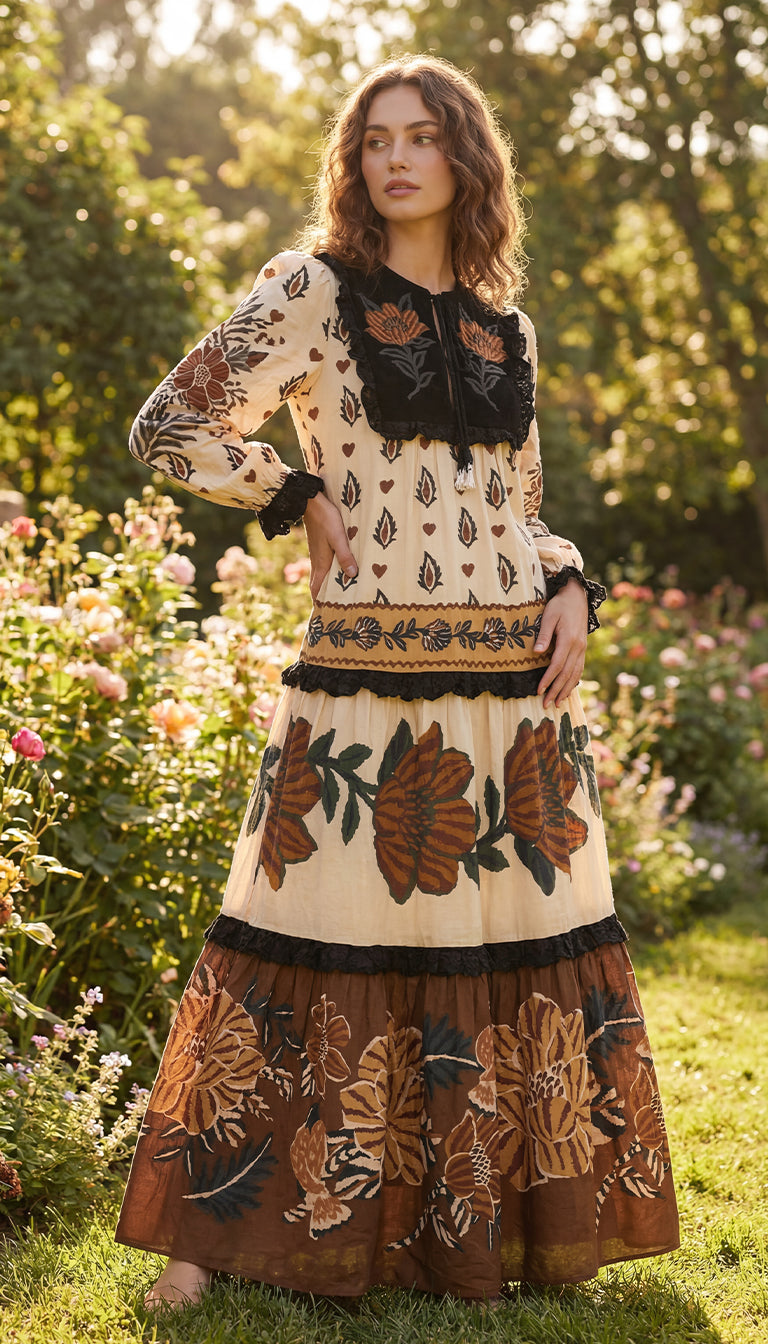 Farm Rio Beige Ainika Floral V Neck Midi Dress