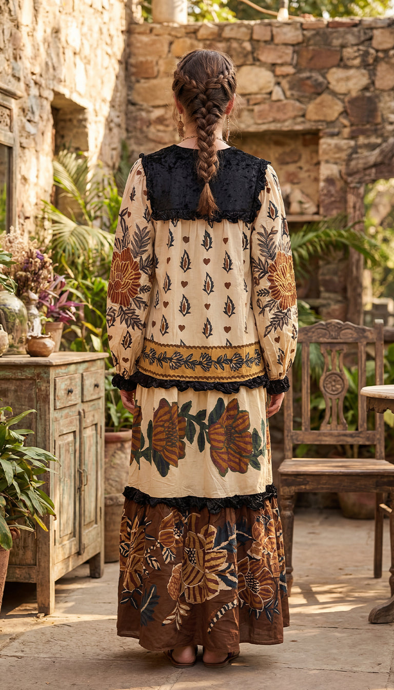 Farm Rio Beige Ainika Floral V Neck Midi Dress