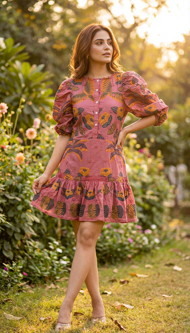 Farm Rio Blush Living Bloom Short Sleeve Mini Dress