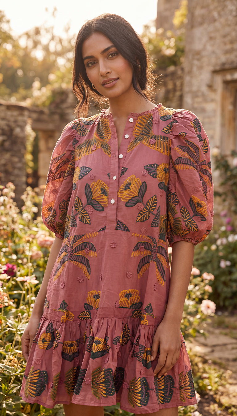 Farm Rio Blush Living Bloom Short Sleeve Mini Dress