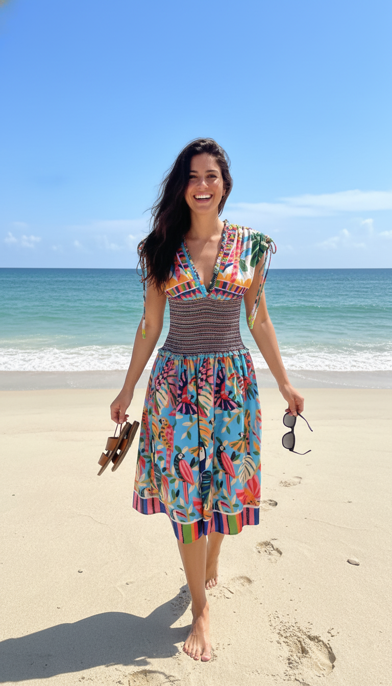 Farm Rio Colorful Forest Cotton Smocked Floral Mini Dress