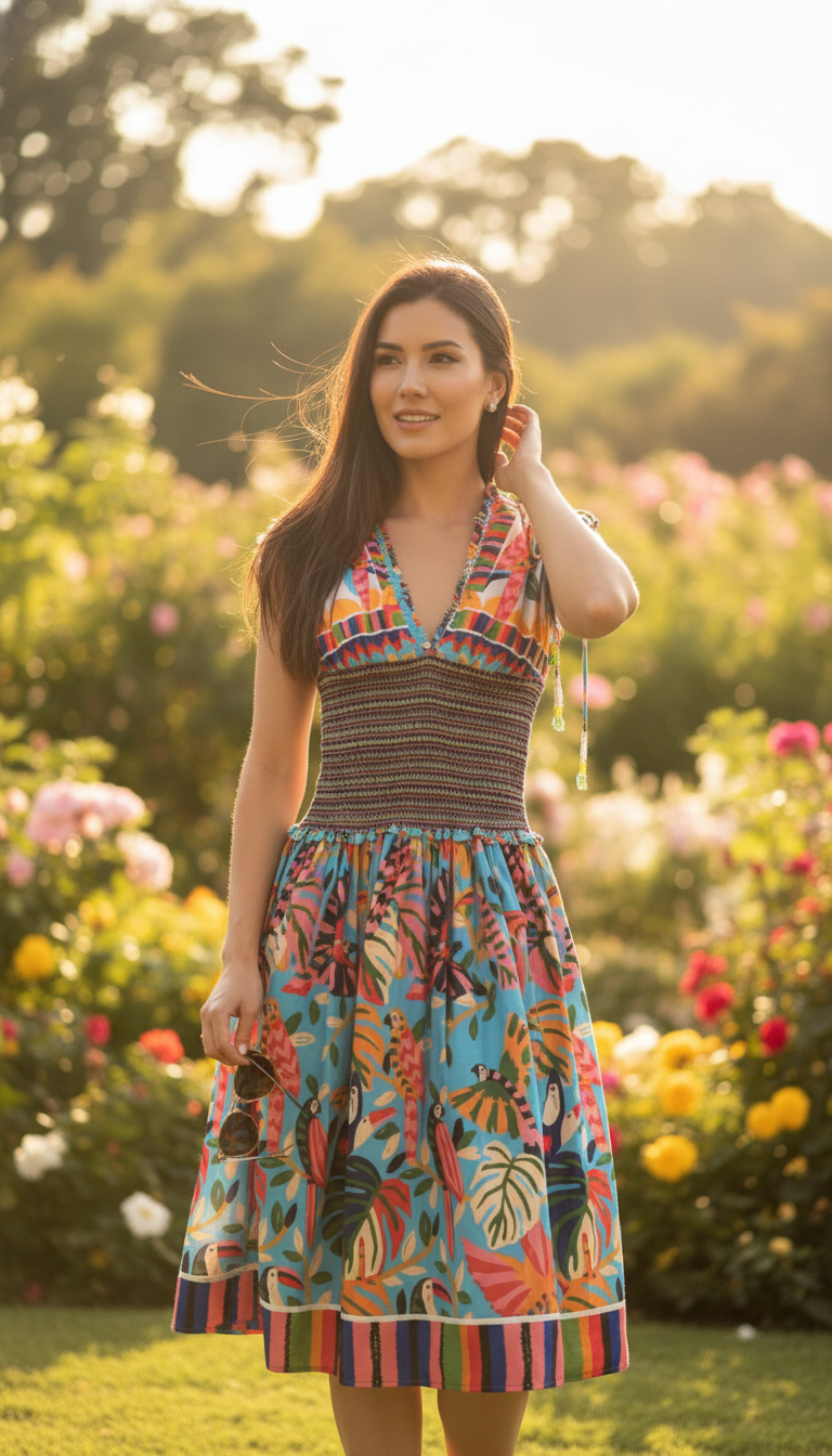 Farm Rio Colorful Forest Cotton Smocked Floral Mini Dress