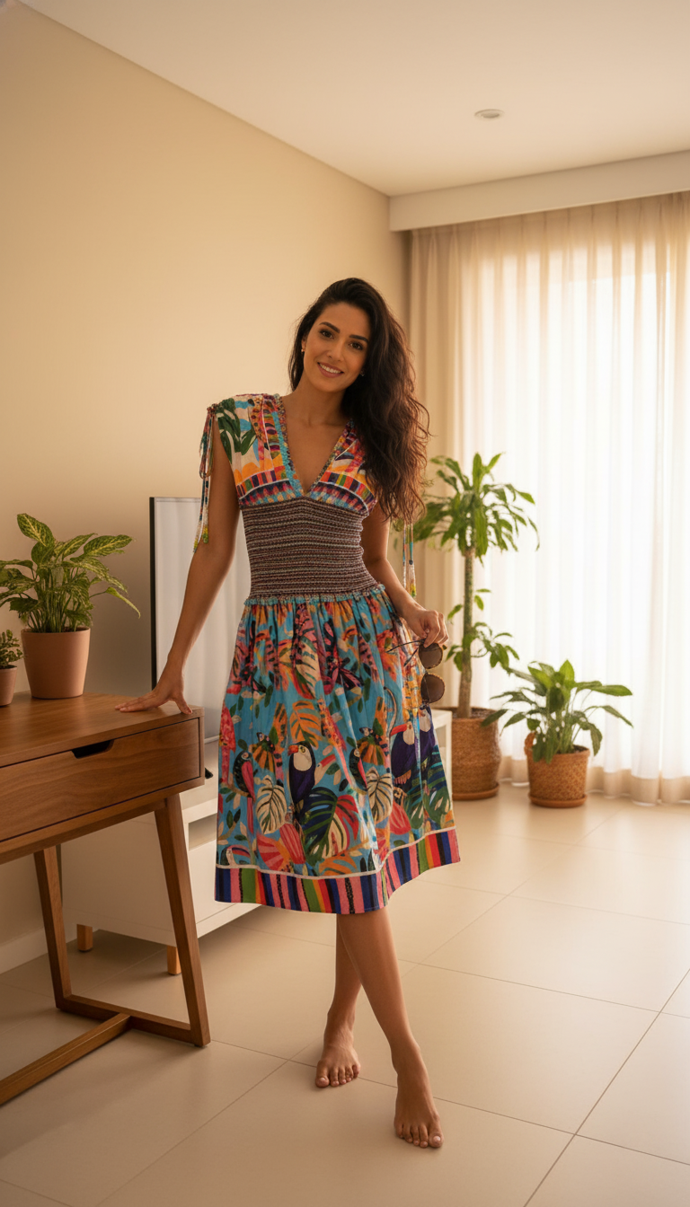 Farm Rio Colorful Forest Cotton Smocked Floral Mini Dress