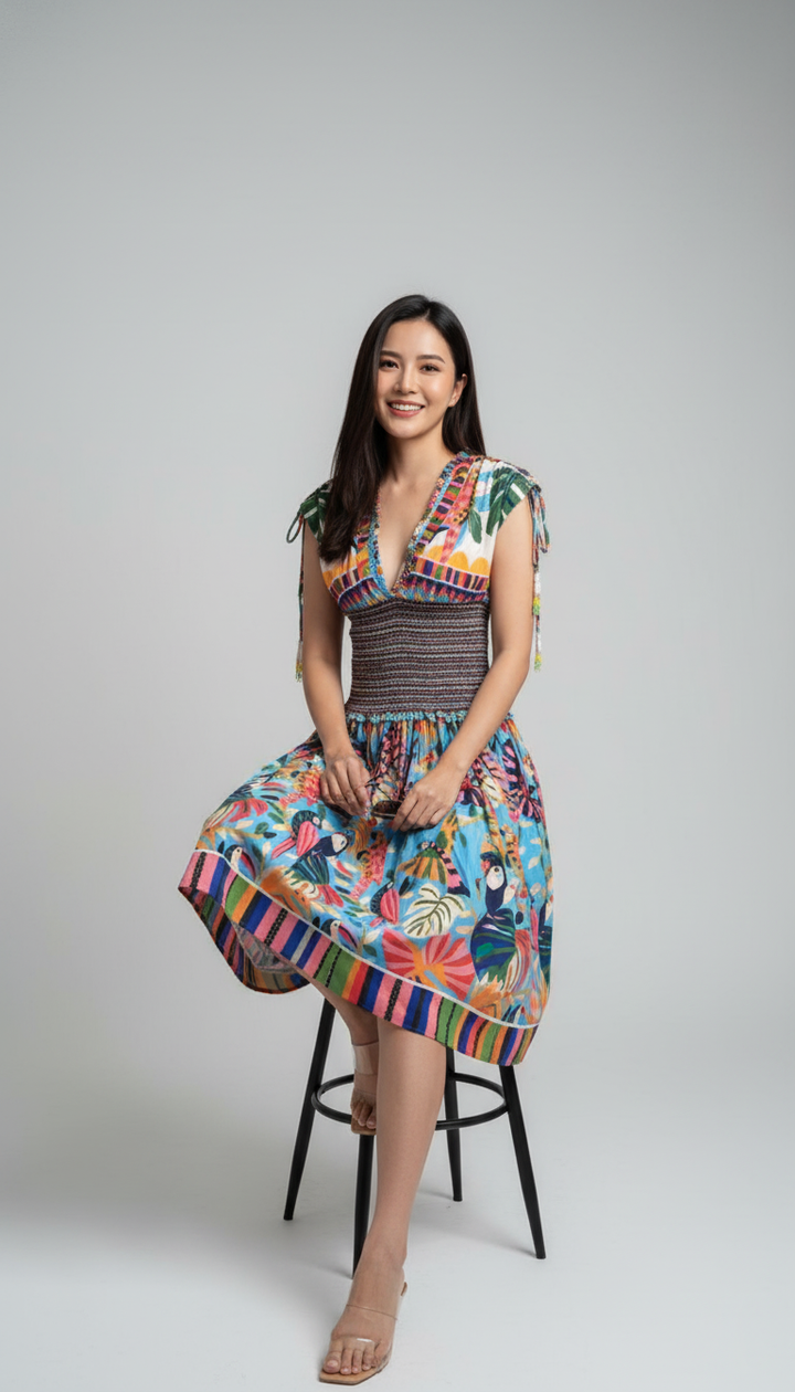 Farm Rio Colorful Forest Cotton Smocked Floral Mini Dress