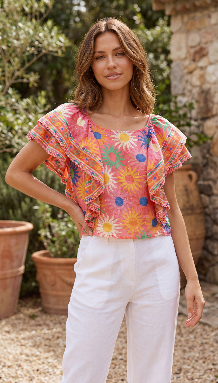 FARM Rio Flutter-Sleeve Cropped Blouse