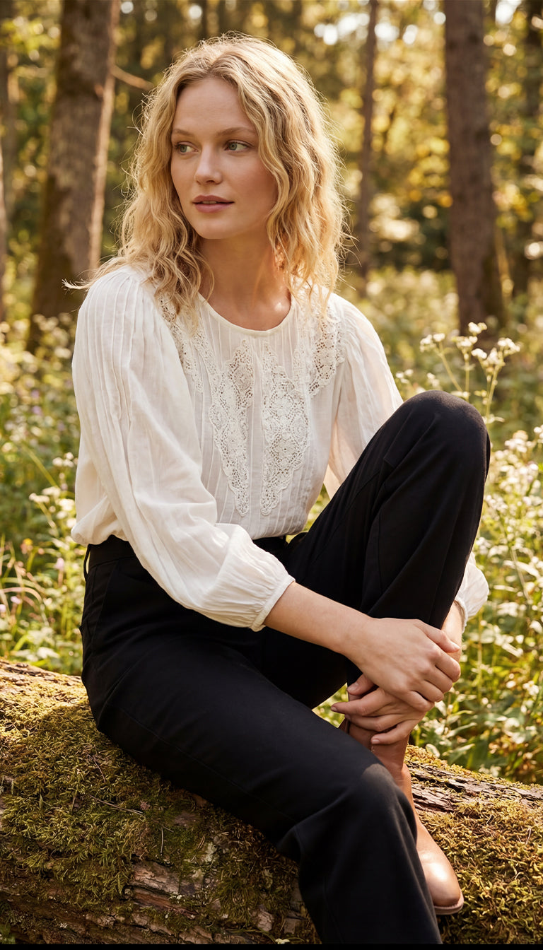 FARM Rio Ivory Lace Yoke Peasant Top – Long Sleeve Boho Blouse for Women