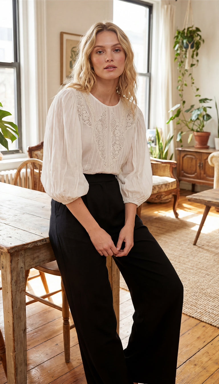 FARM Rio Ivory Lace Yoke Peasant Top – Long Sleeve Boho Blouse for Women