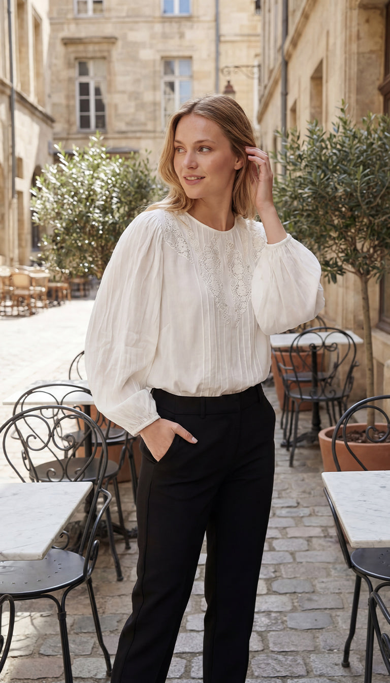 FARM Rio Ivory Lace Yoke Peasant Top – Long Sleeve Boho Blouse for Women