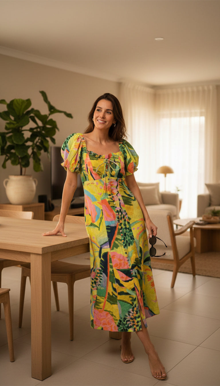 Farm Rio Printed Puff-Sleeve Dress