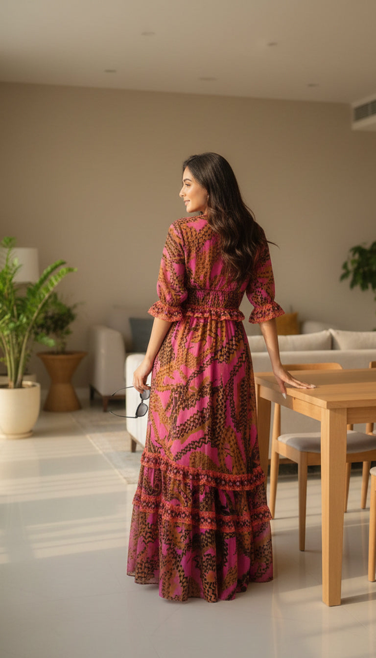 Farm Rio Ruffled printed georgette maxi dress