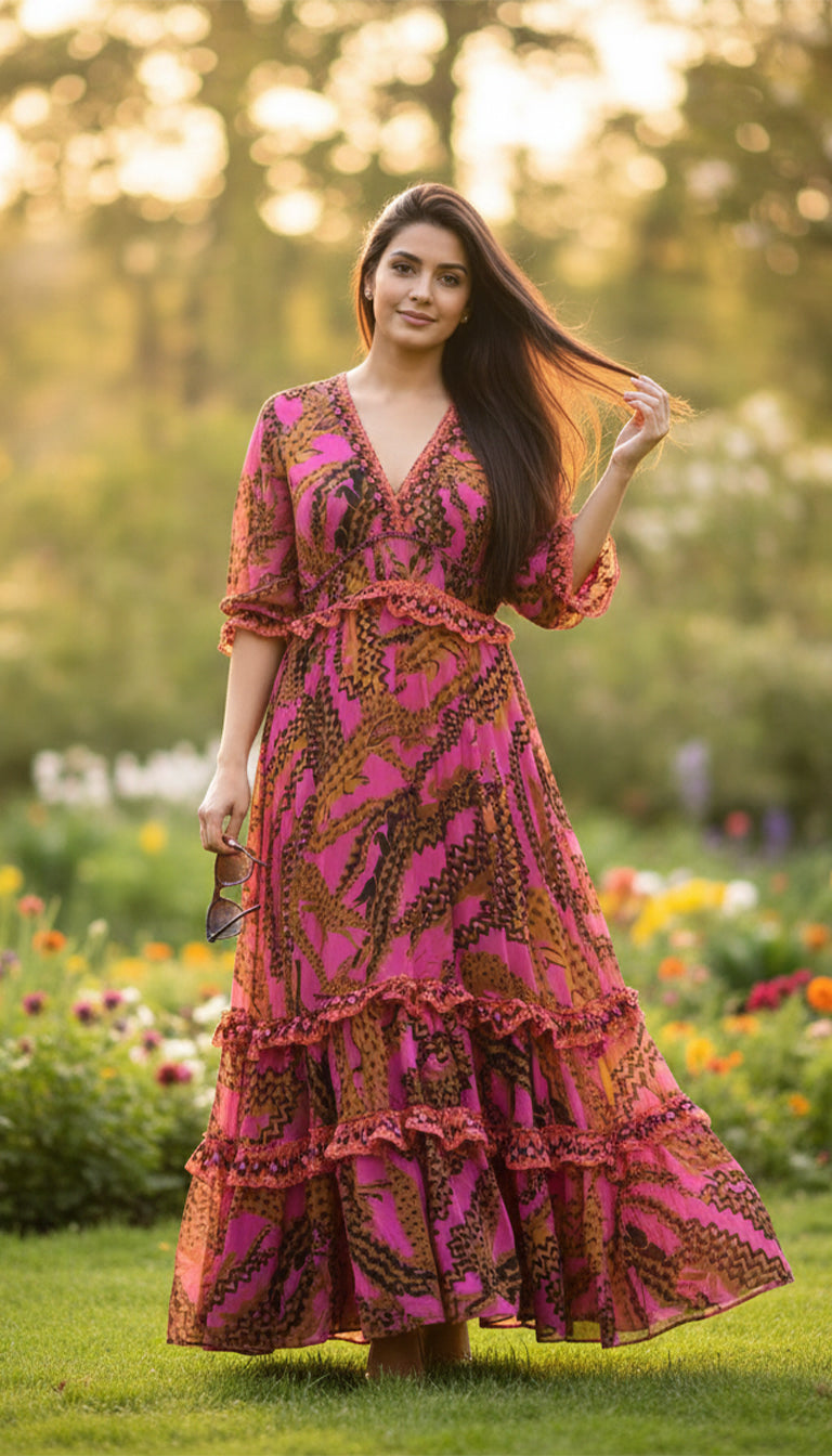 Farm Rio Ruffled printed georgette maxi dress