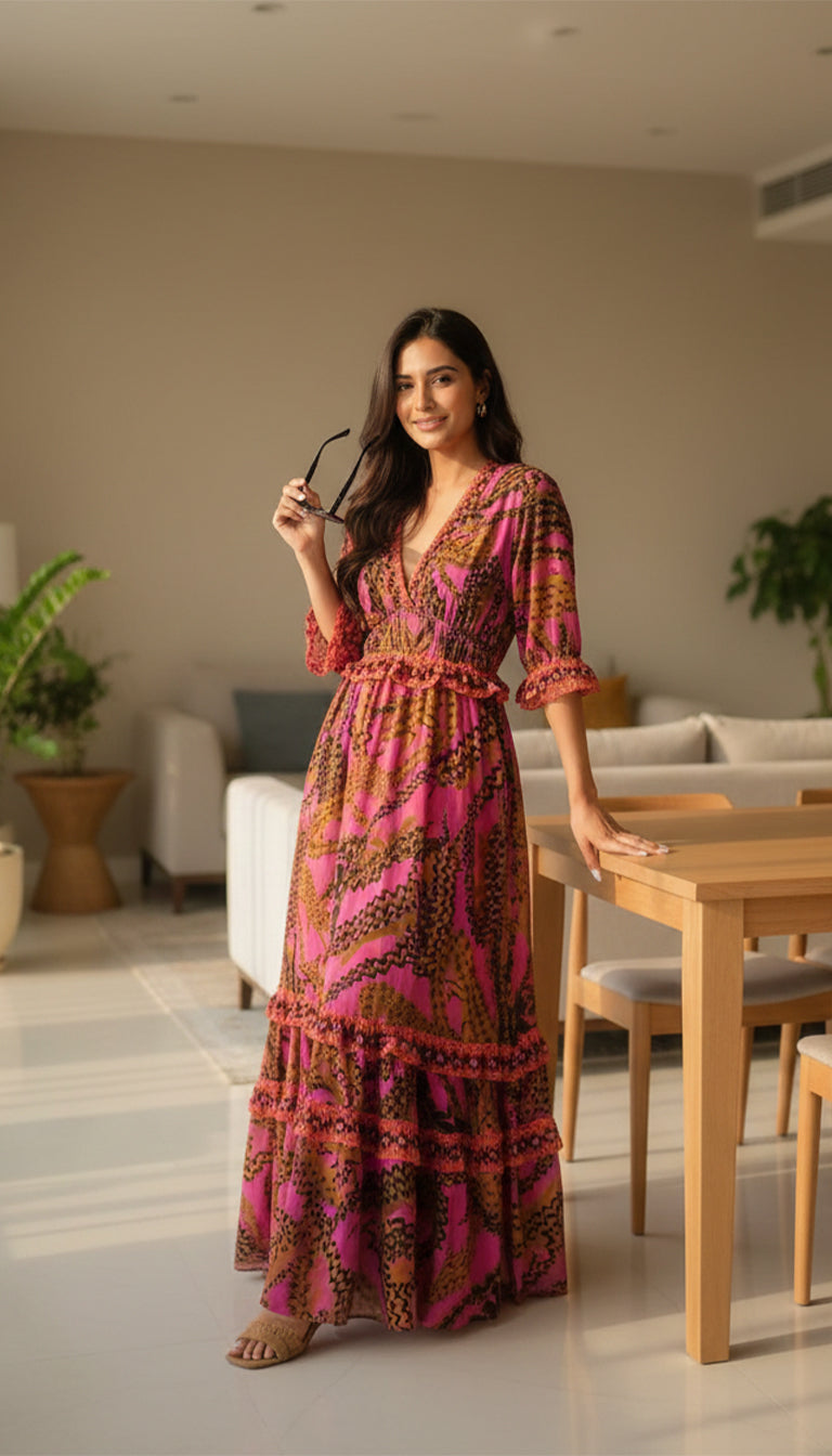 Farm Rio Ruffled printed georgette maxi dress