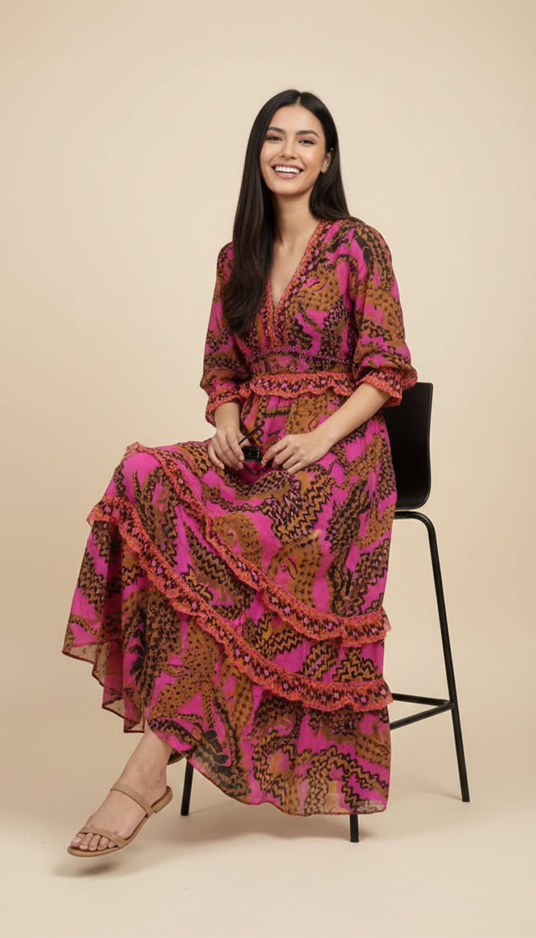 Farm Rio Ruffled printed georgette maxi dress