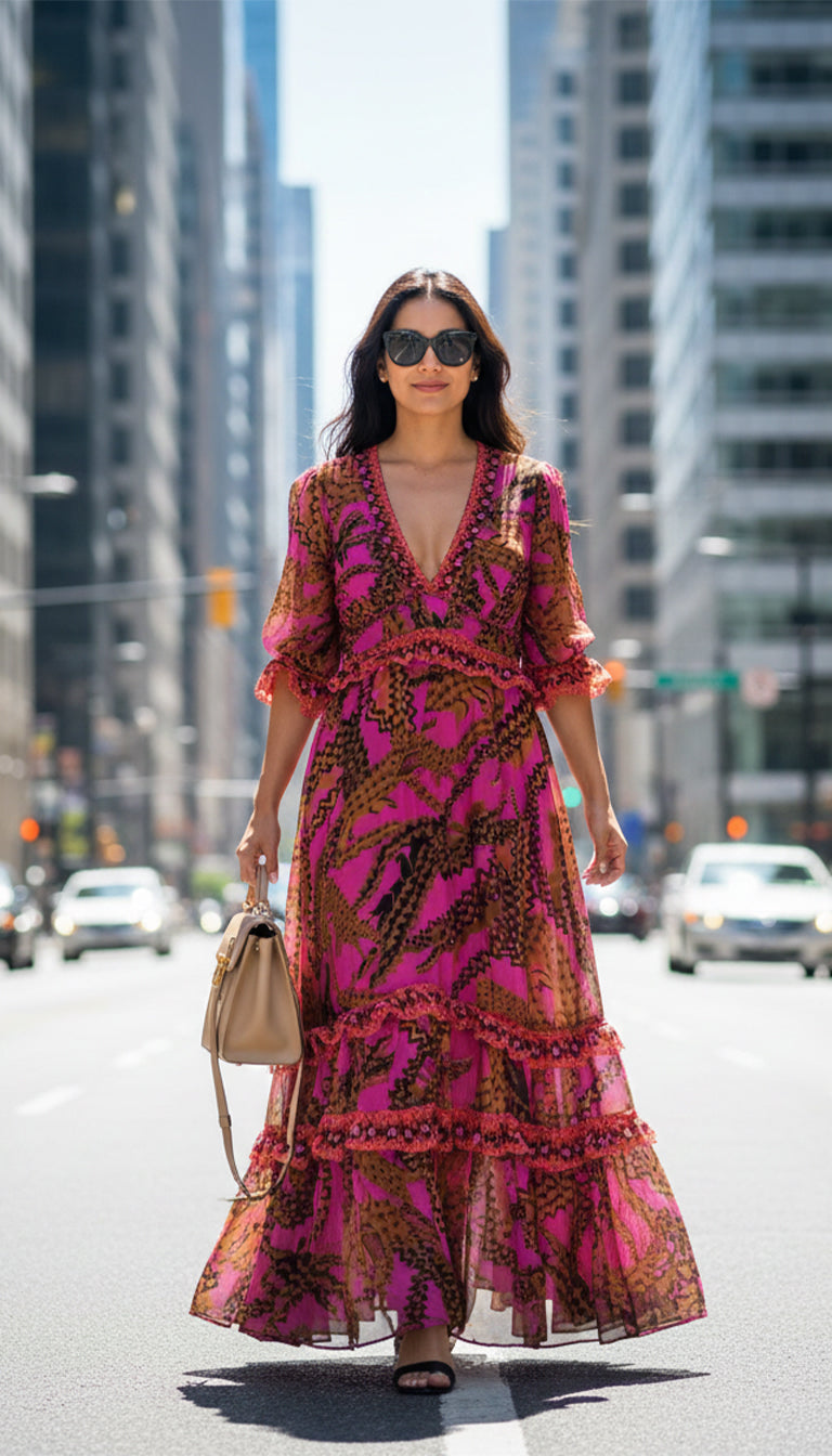 farm rio georgette maxi dress Pleated printed georgette maxi dress - pink